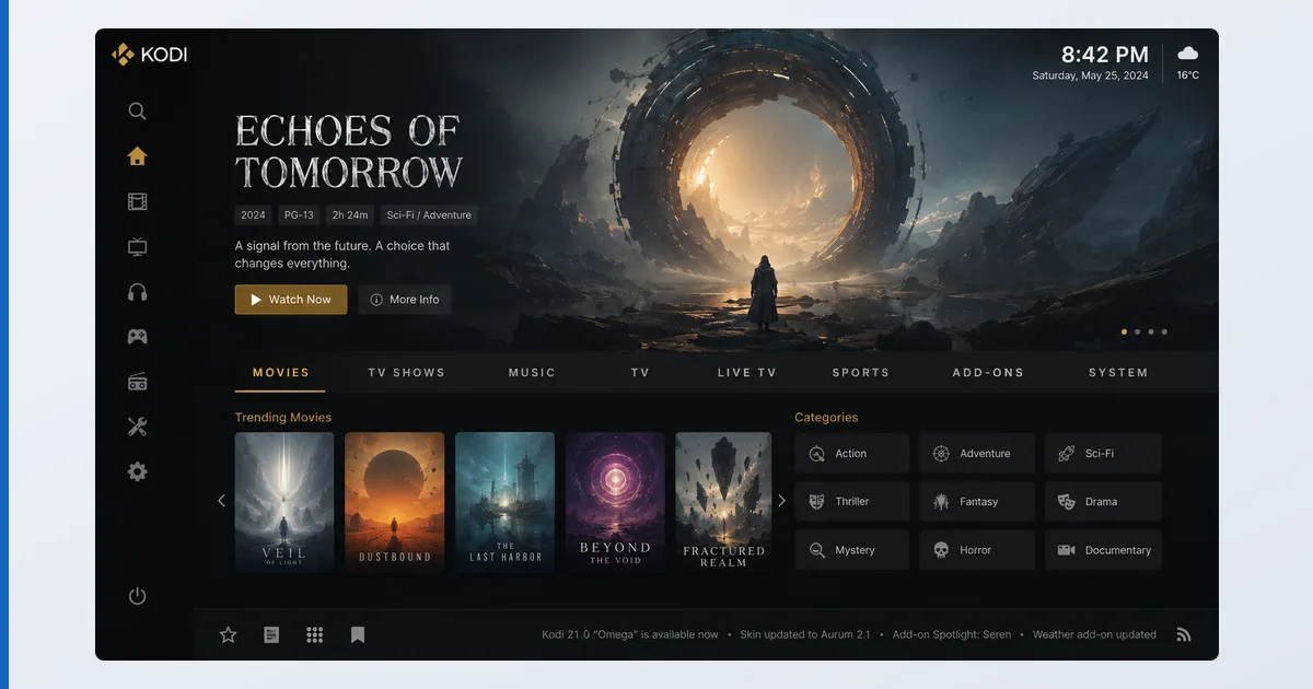 Hjemmeskjermen i Kodi med et tilpasset skin som viser et mediebibliotek