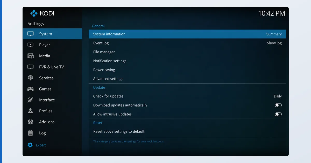 Hjemmeskjermen i Kodi under oppsettet, med menyene Videos og Add-ons