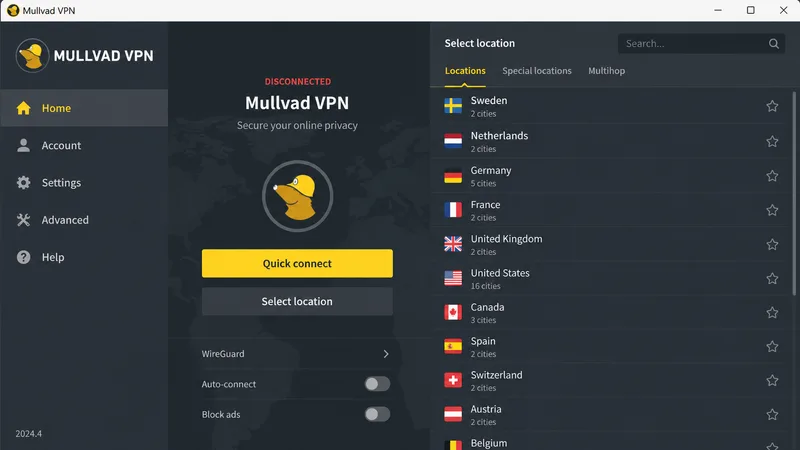 Grensesnittet i Mullvad-appen med den minimalistiske serverlisten