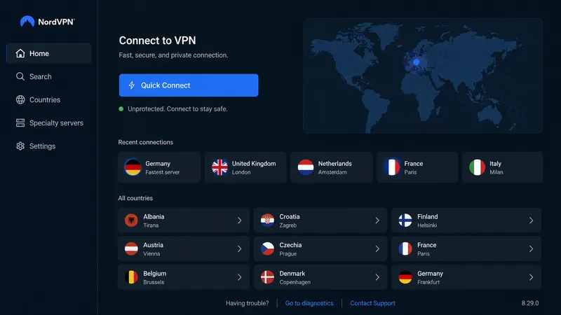 NordVPN-appen på Fire TV med hurtigtilkobling og en liste over europeiske land