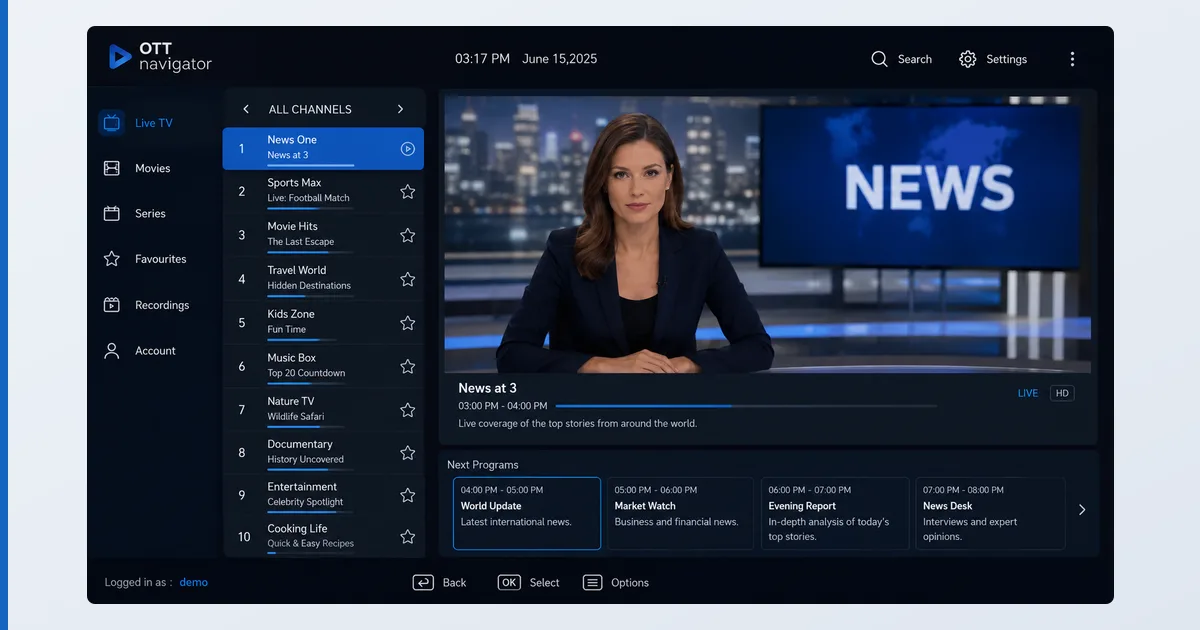Grensesnittet i OTT Navigator med et tilpasset oppsett for direktesendt TV og en EPG