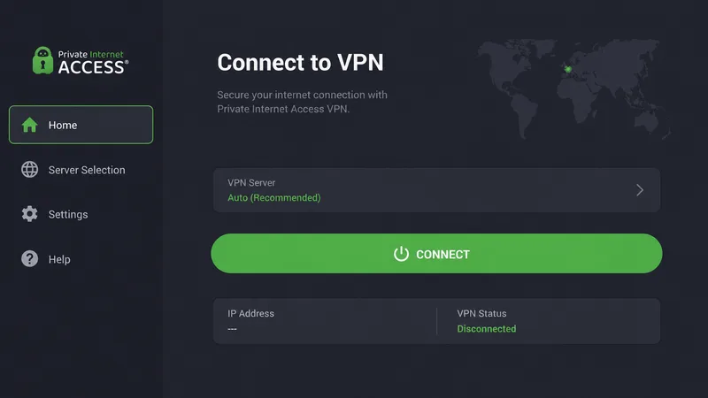 PIAs Fire TV-app som viser tilkoblingsknappen og europeiske steder