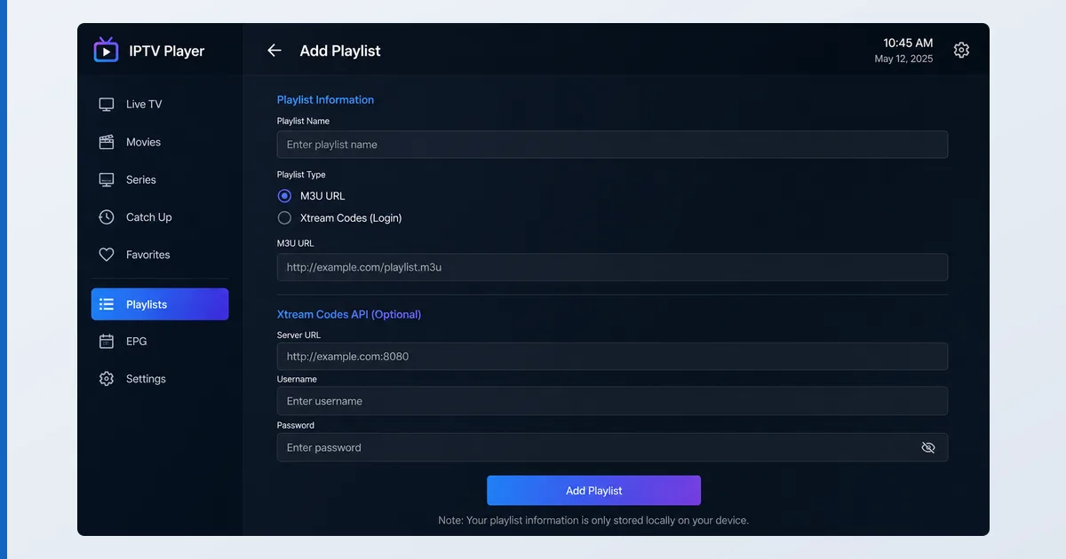 En IPTV-avspiller som viser skjermbildet for å legge til spilleliste med et felt for M3U-URL