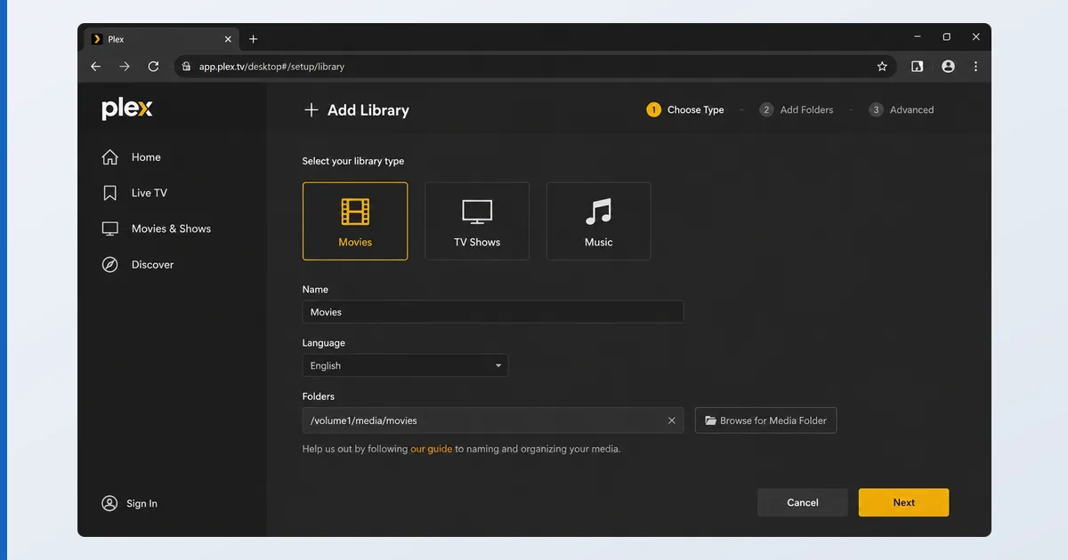 Oppsettskjermen i Plex-serveren som viser hvordan et bibliotek opprettes