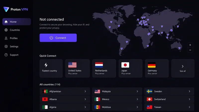 Proton VPNs Android TV-app som viser europeiske servere og en tilkoblingsknapp
