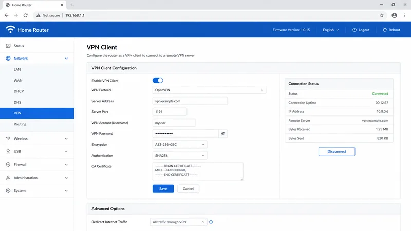 En innstillingsside for VPN-klient i en ruter med serveradresse og innloggingsfelt utfylt