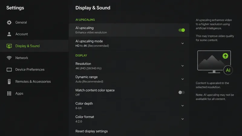 Innstillingene Skjerm og lyd på NVIDIA Shield med AI-oppskalering slått på