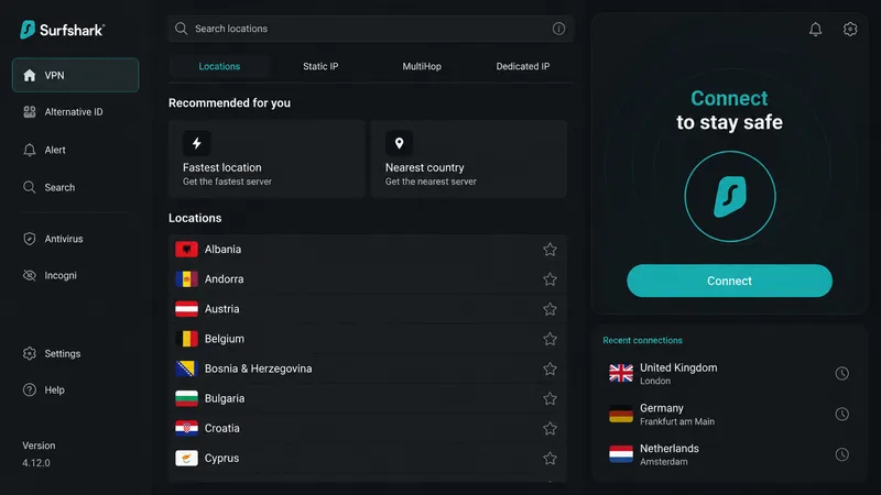 Surfsharks Fire TV-app som viser tilkoblingsknappen og europeiske steder