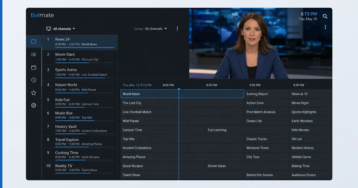 En IPTV-avspiller som viser et fullt EPG-rutenett med programoversikten