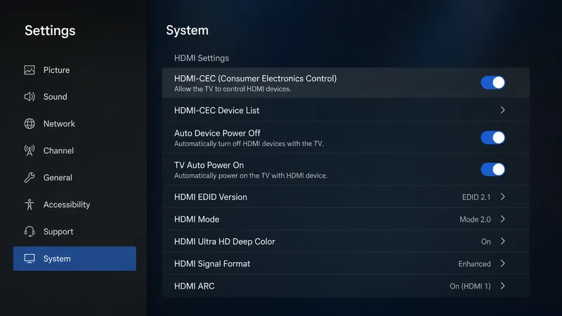 En innstillingsskjerm på en TV der HDMI-CEC-valget slås på