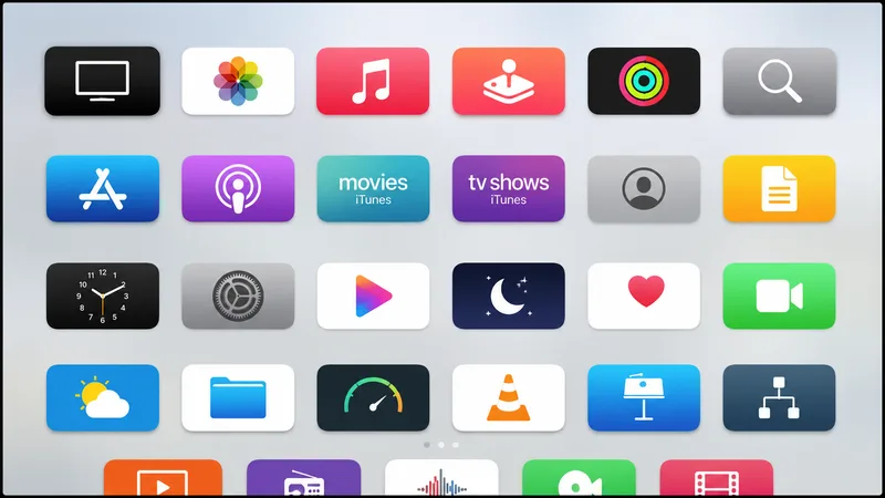Den rene tvOS-hjemmeskjermen på Apple TV 4K med appikoner og uten reklame