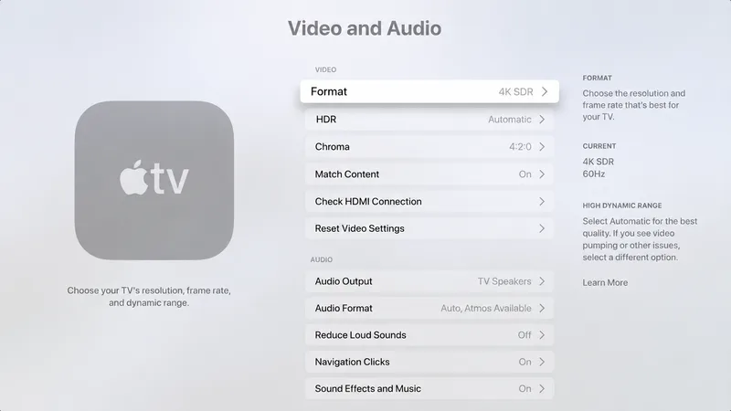 Innstillingsskjermen Video og lyd på Apple TV med valgene for HDR og Dolby Atmos