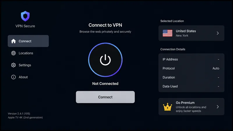 En VPN-app for tvOS på Apple TV med tilkoblingsknapp og serverliste