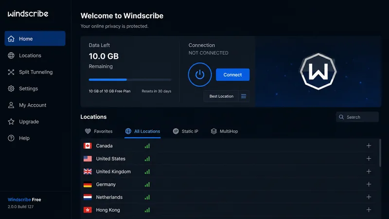 Windscribes Android TV-app som viser servere og gjenværende gratis datamengde